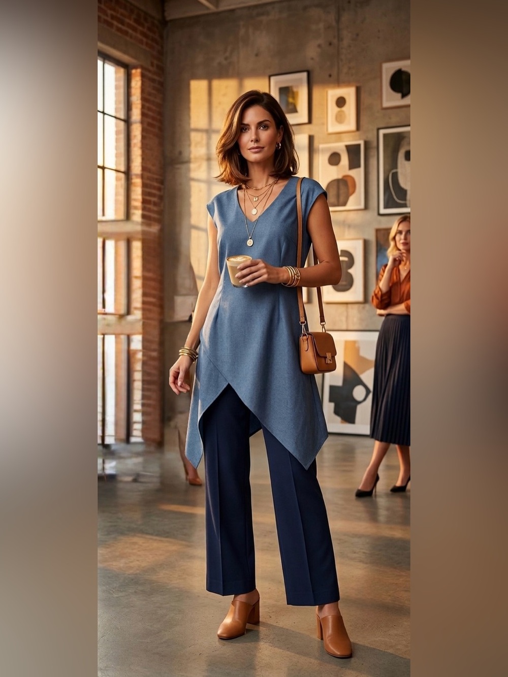 Sleeveless Blue V-Neck Tunic with Asymmetrical Hem